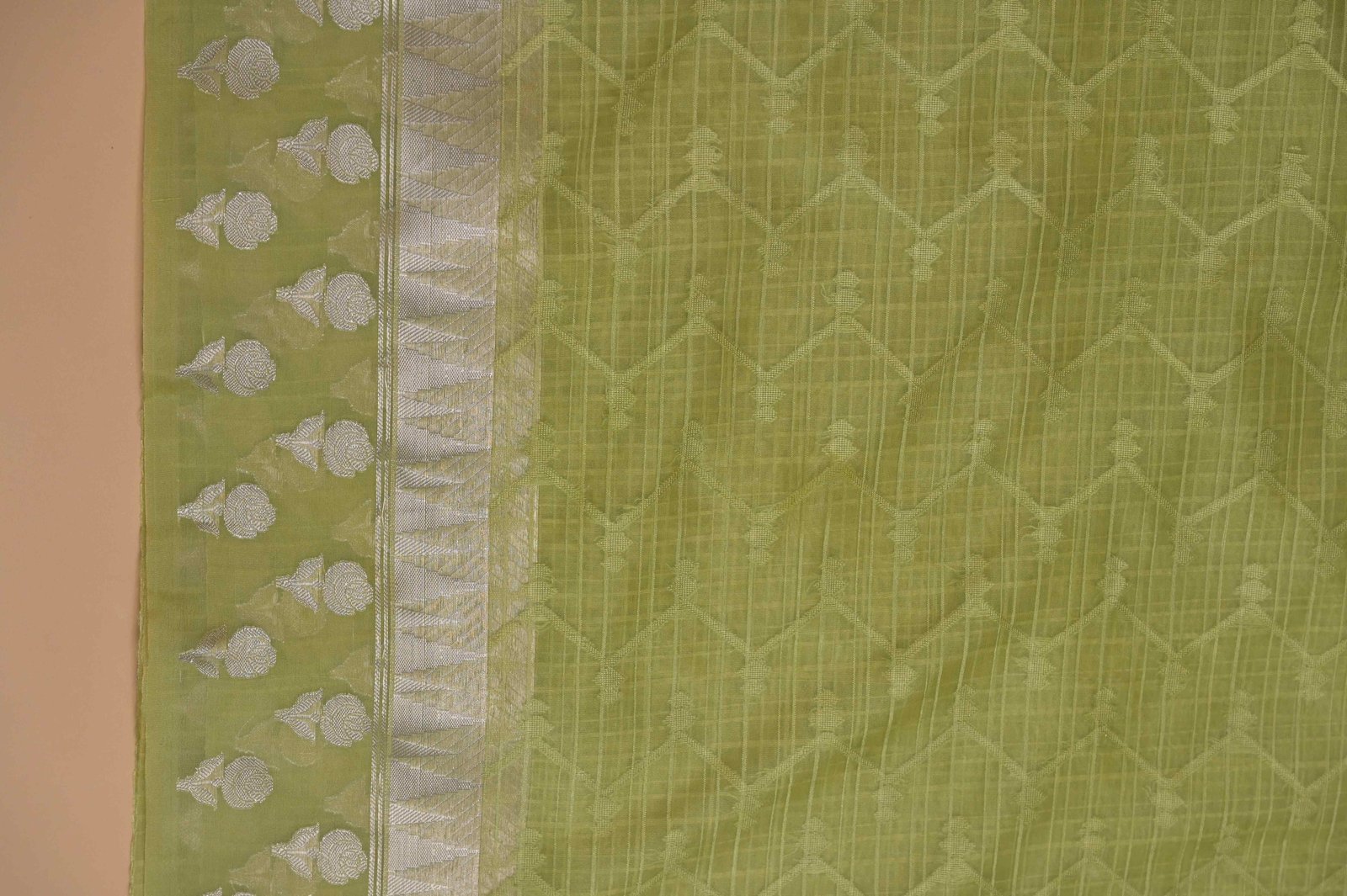 Elegant Check Pattern Lime Green Banarasi Kora Saree with Blouse